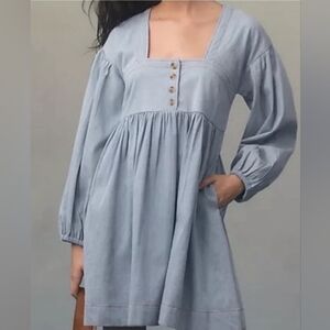 Anthropologie long sleeve square neck denim babydoll mini